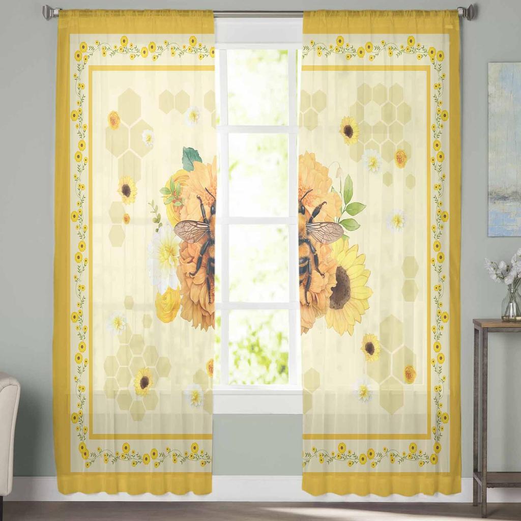 Flowers Bees Animals Honeycomb Yellow Window Tulle Curtains for Living Room Bedroom Hotel Luxury Decoration Sheer Curtains