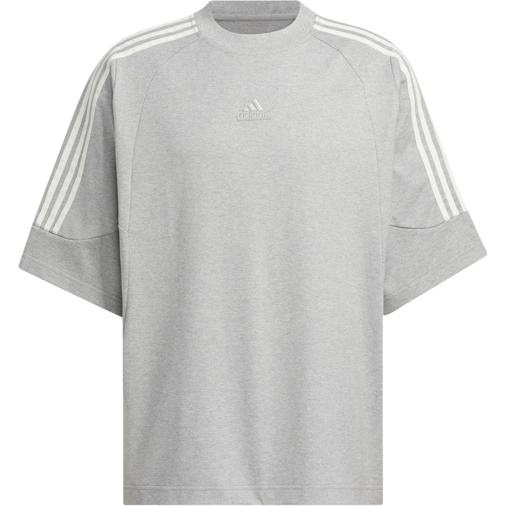 Adidas Spliced Stripes Logo Embroidered Round Neck Short Sleeve Drop Shoulder T-Shirt Unisex Tops Medium-Hemp-Gray JI6644