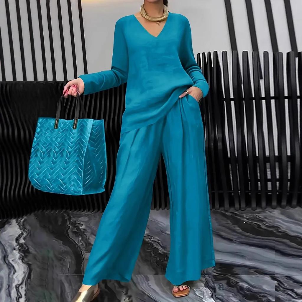 Damen Royalblau V-Ausschnitt Langarm Top und Weite Hosen Set
