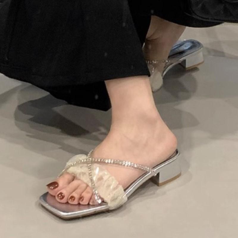 Fashion Women's Silver Rhinestone Heeled Slides 2025 Summer Glitter Sandals Comfortable Outdoor Dressy Casual Beach Shoes Fashion Trendy