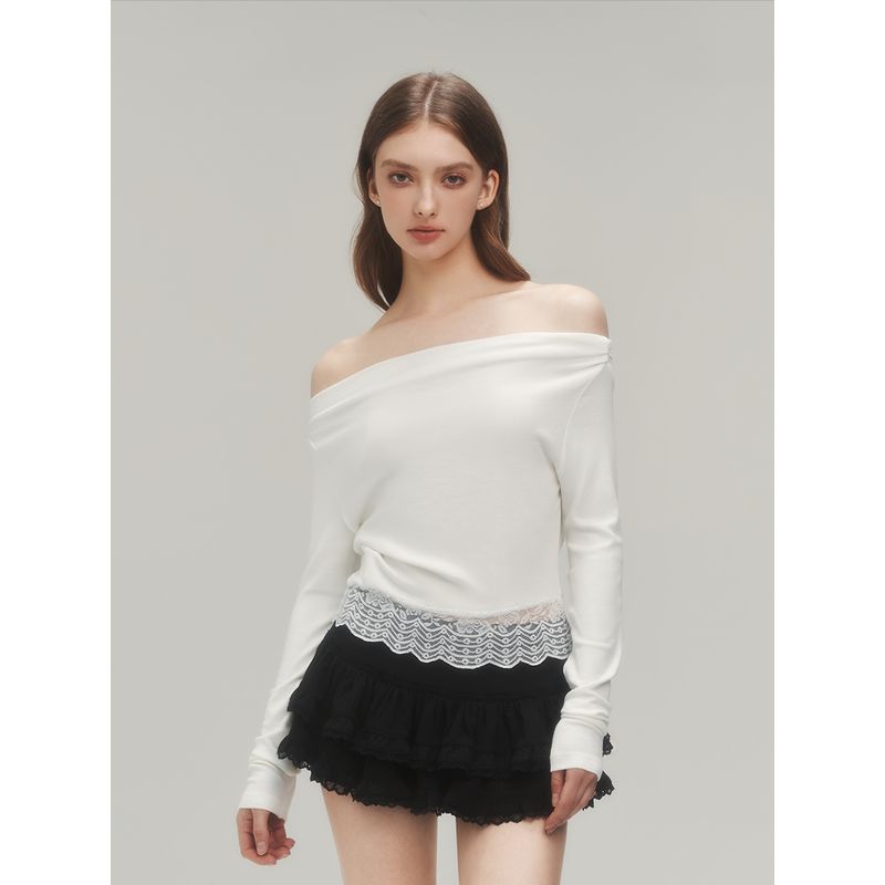 Redolence off-Shoulder Structure Cutting Lace Tops Pure Desire Young Adult off-Shoulder Long Sleeves Stylish Bottoming Shirt