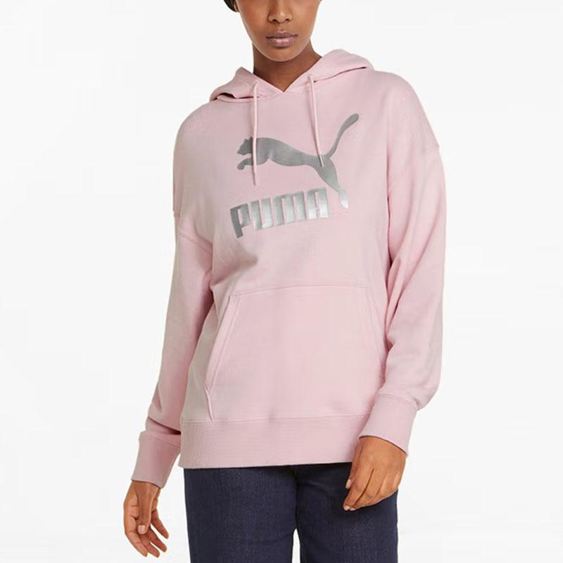 Puma Logo Print Drawstring Hoodie Long Sleeve Sweatshirt Women Tops Pink 535337-66