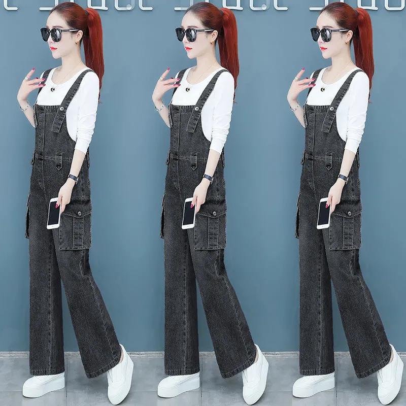 Salopete din denim pentru femei, primăvară și toamnă, pantaloni largi la modă cu buzunar