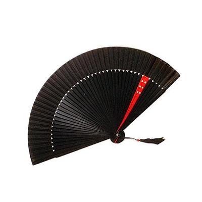 Silk Folding Fan, Black Dyed, Large Short Silk Fabric, Modern Two-tone Design with Bamboo Tassels and Fan Case (red)