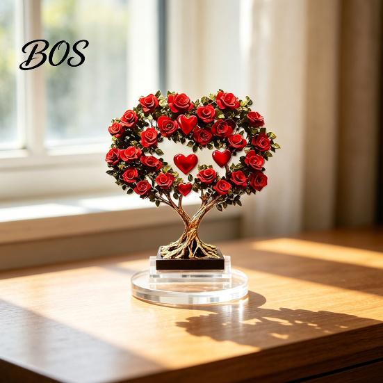 Crystal Rose Ornament Acrylic Ornament, 2D Flat Flower Decoration with Base, Table Art Centerpiece Romantic Desktop Decor for Home Shelf Cabinet