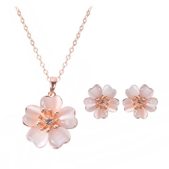 2Pcs Fashion Women Faux Opal Flower Pendant Necklace Stud Earrings Jewelry Set