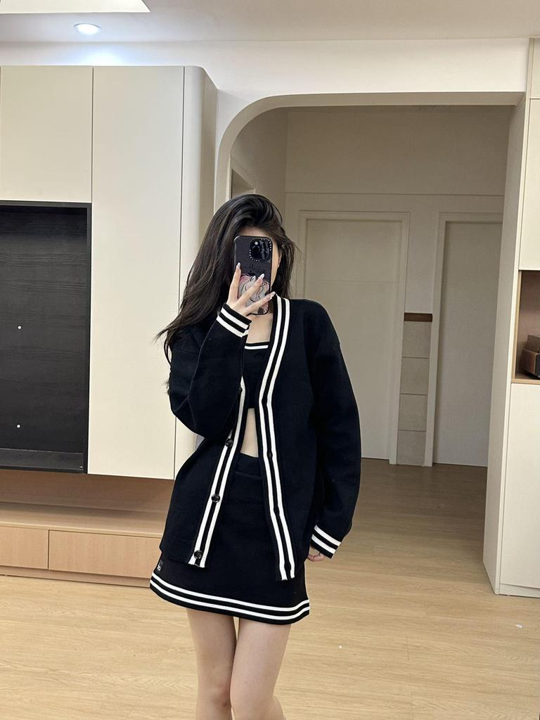 Spring/Summer Knit Yoga Cardigan, Bra, & Tennis Skirt - Casual Three-Piece Sportswear Set