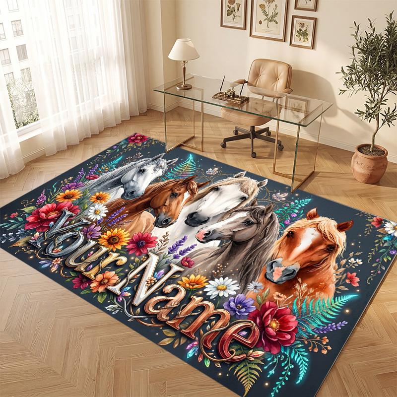 Horse Theme Soft Crystal Velvet Rug Custom Name & Text Print Non Slip Floor Rug for Bedroom Living Room