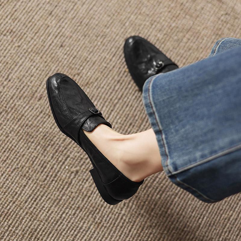 Krazing Pot Sheepskin Round Toe Thick Med Heels Spring Shoes Slip On Big Size 42 Loafers Women Pleated Beauty Pumps