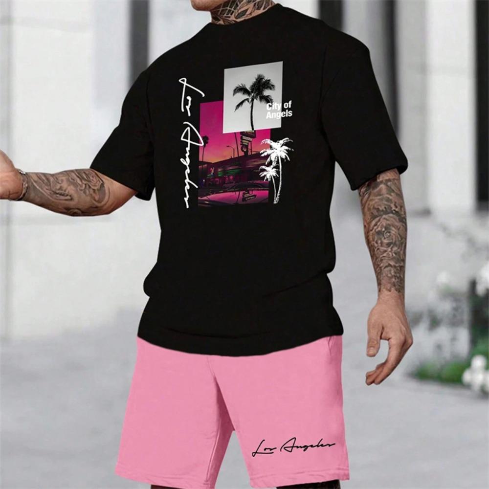 Summer Men's Short Sleeve Palm Tree Print Two Piece Drawstring Shorts Set Fashion Men's Vacation Beach Casual Suit