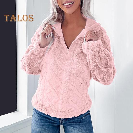 Winter Women Sweatshirt Zippered Turn-down Collar Rhombus Texture Plush Thick Long Sleeves Solid Color Keep Warm Autumn Top