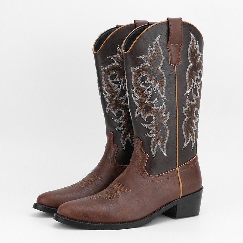 Fashion Handmade Men Cowboy Boots New Slip on Men Riding Boots Embroidery Western Boots Pointed-toe Mid-calf Male Boot Botas Para Hombre