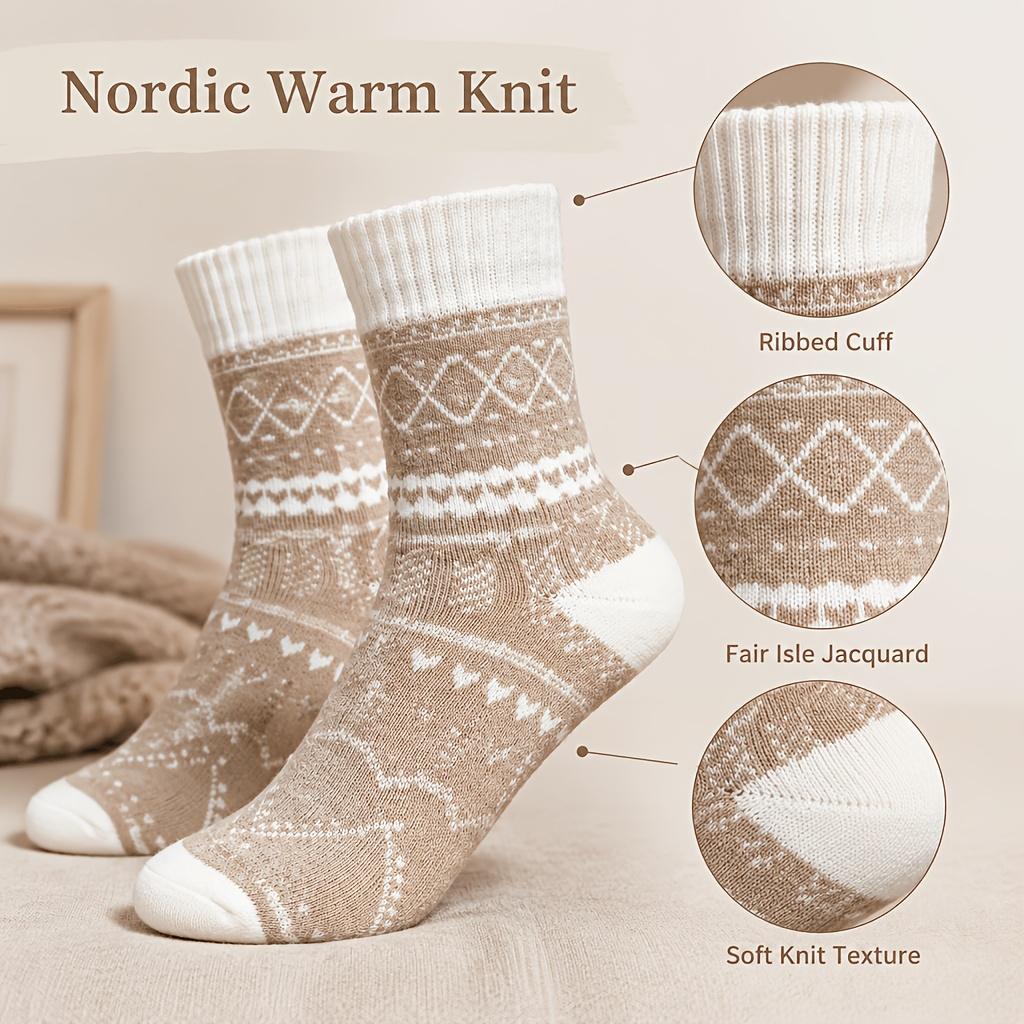 5 Pairs Women's Winter Warm Crew Socks, Thick Jacquard Socks with Vintage Geometric Pattern, Soft Thermal Cozy Socks