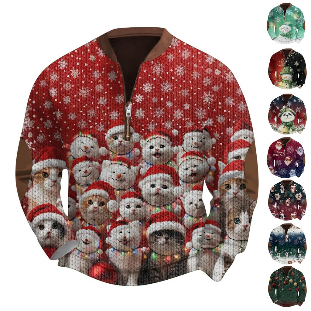 Mens Christmas Sweater Zip Up Sweatshirts Vintage Knit Graphic Sweatshirt Xmas Stand Collar Pullover