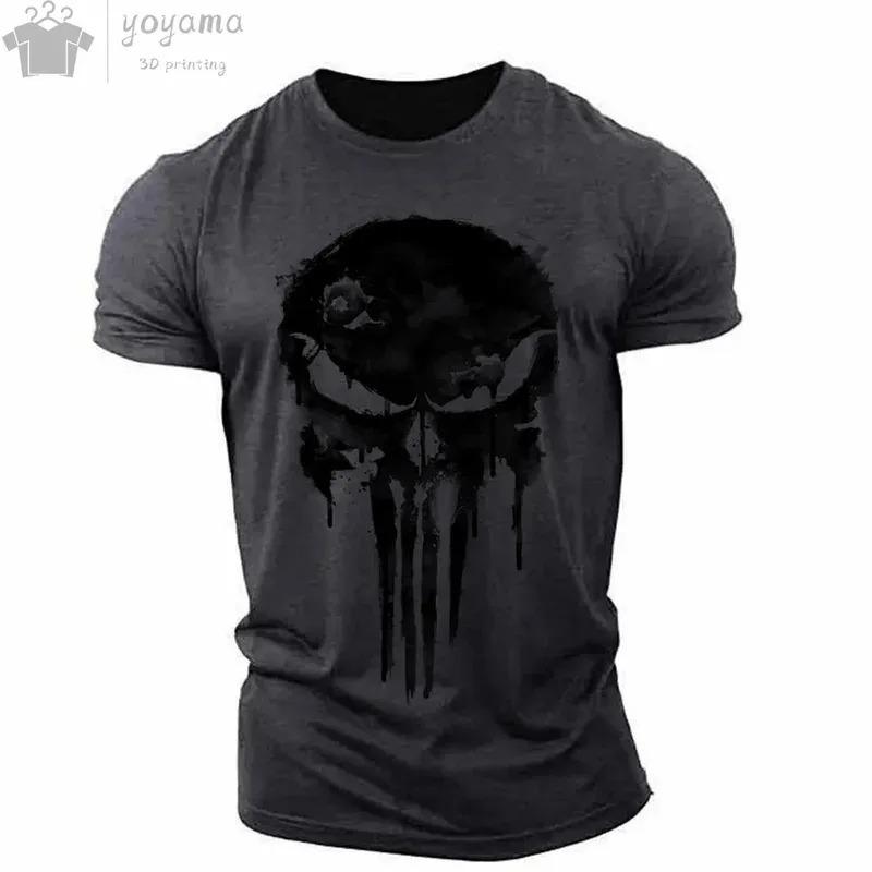 Men Sports Casual O-Neck T-Shirt, Military Patriotic Skull Print Oversized Short Sleeve Tops