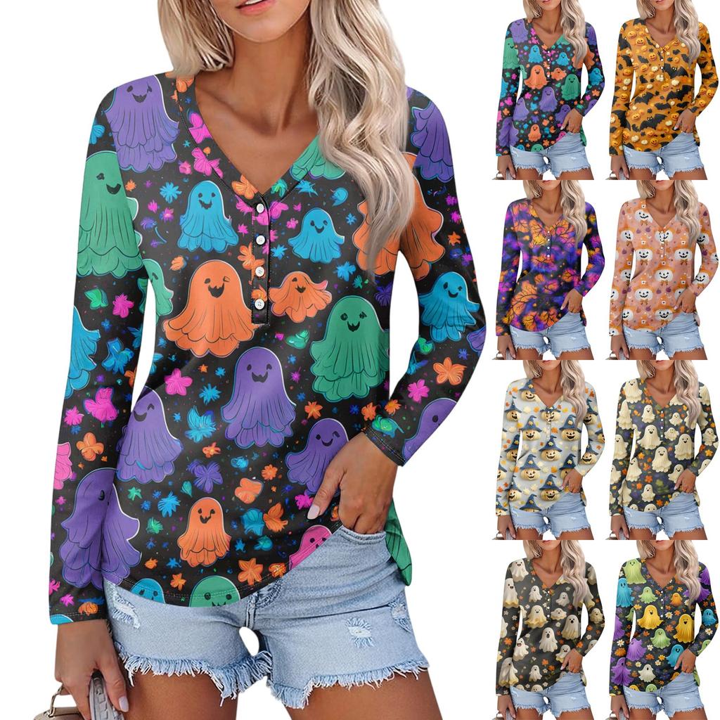 Women's Casual Fashion Sexy Comfort Halloween Printed V-Neck Button Long Sleeve