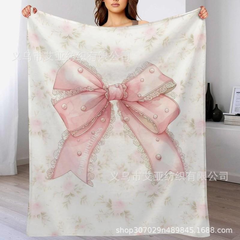 Cute Pink Flannel Blanket Soft Bow Design Nap Air Conditioner Girls