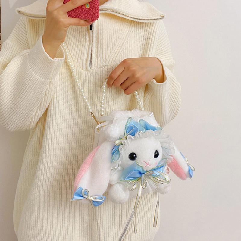 New Cute Bunny Plush Bag Lolita Element Shoulder Bag Kawaii Princess Sweet Pearl Chain Crossbody Bags Long-Eared Rabbit Purse