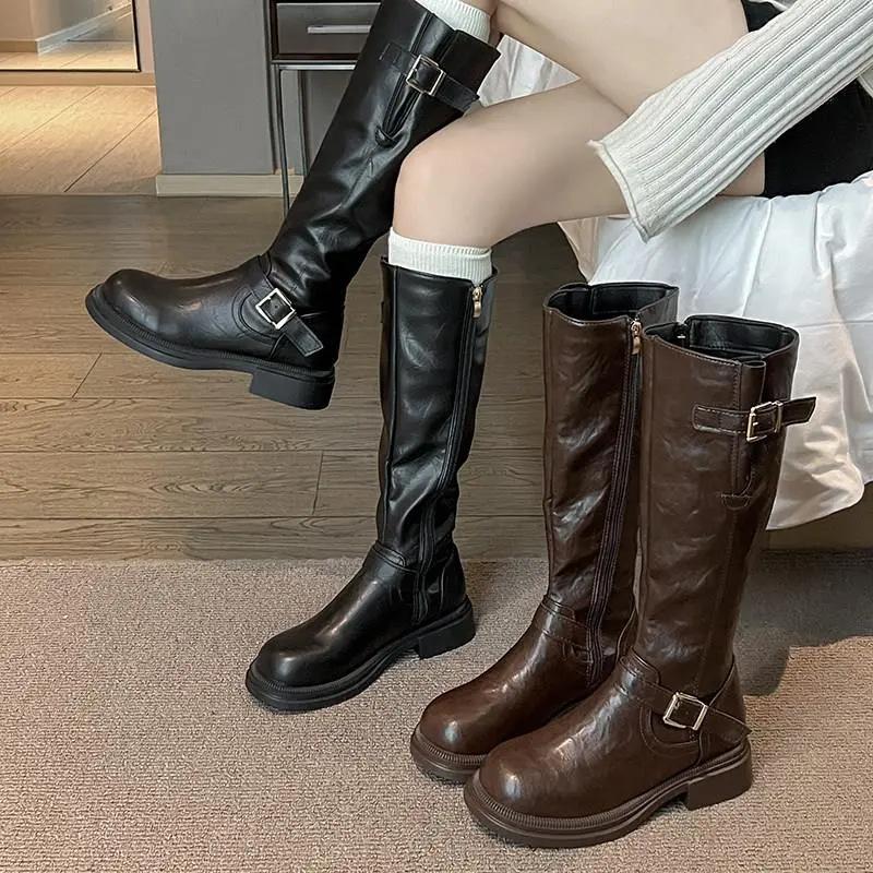 Autumn and winter new retro belt buckle knight boots women's round head thick heel thin long boots versatile tall women's boots