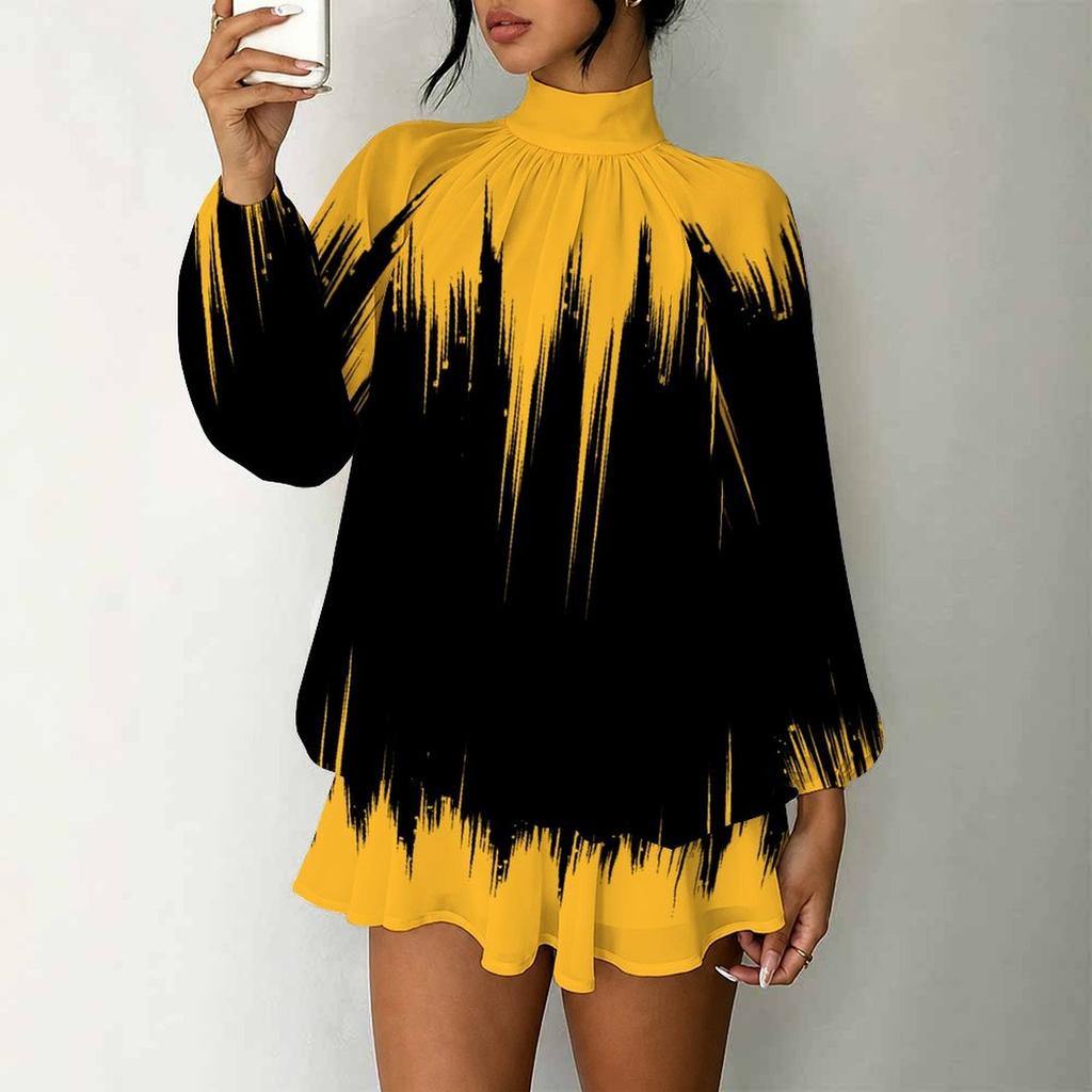 Women's 3D Gradient Brushstroke Print Mock Neck Long Sleeve Dress, Raglan Sleeve Fake Two Piece Mini Dress
