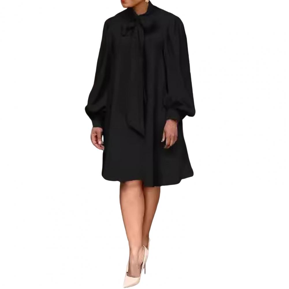 Damen Lockeres Kleid Schnürung Schleife am Hals Lange Laternenärmel Einfarbig Knielang Formell OL Pendler Midi-Kleid
