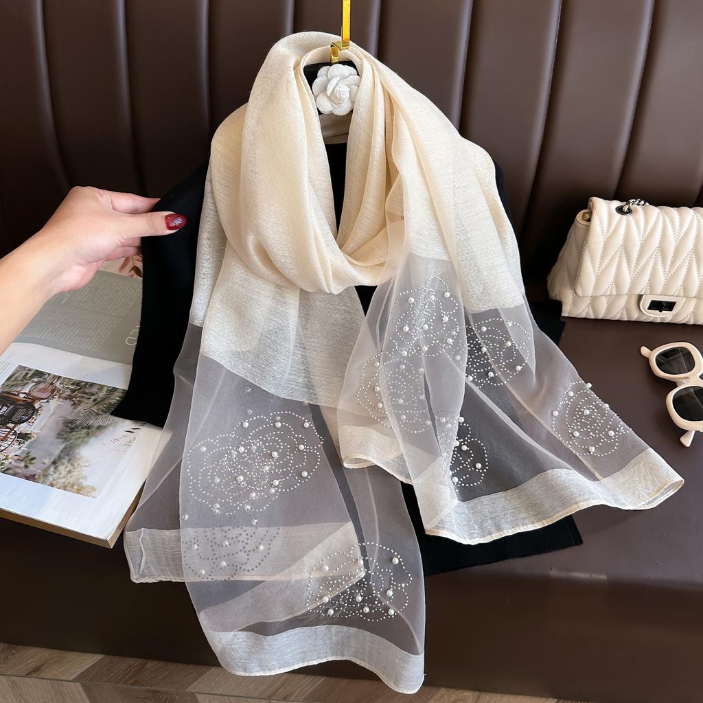 Eleganter Organza-Seidenschal mit Perlen, einfarbig, 190 x 70 cm, lange Schals mit Blumenstickerei und Perlen, einfarbiger Schal für Damen, Hijab