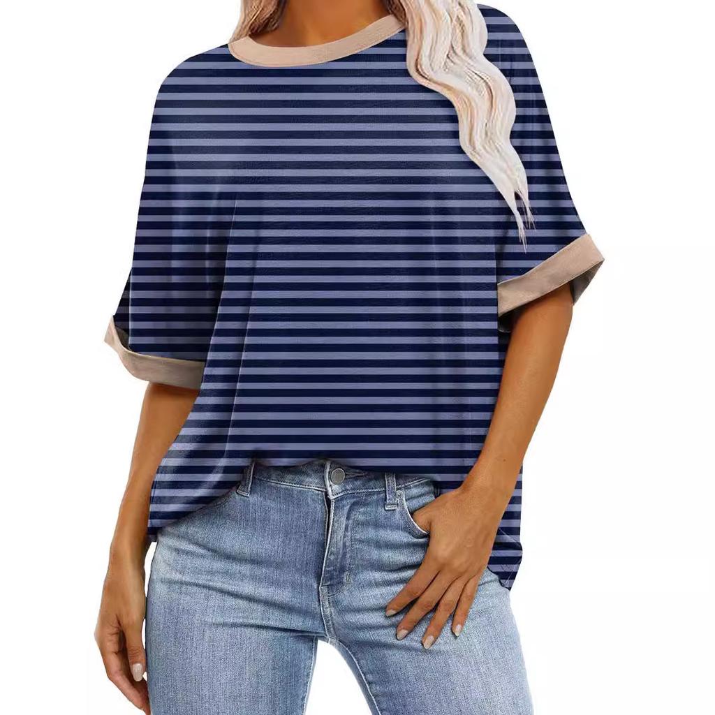 Stripete graduerte trykk rund hals kortermet for kvinner Sommer Uformell Løs mote Pullover T-skjorte Arbeidsferie Pustende Lett Compy Topp