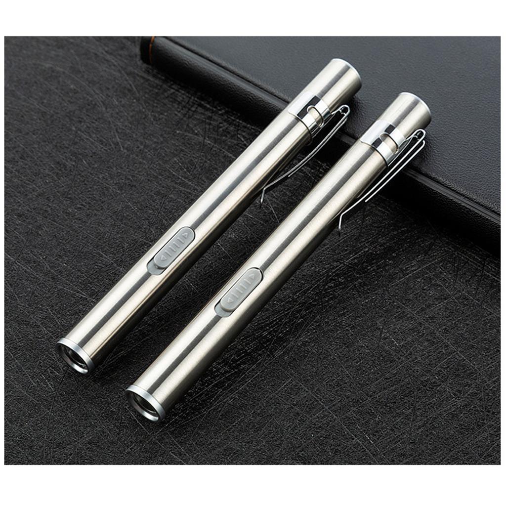 LED Flashlight USB Charging White Lighting Stainless Steel Mini Pen Type for Outdoor