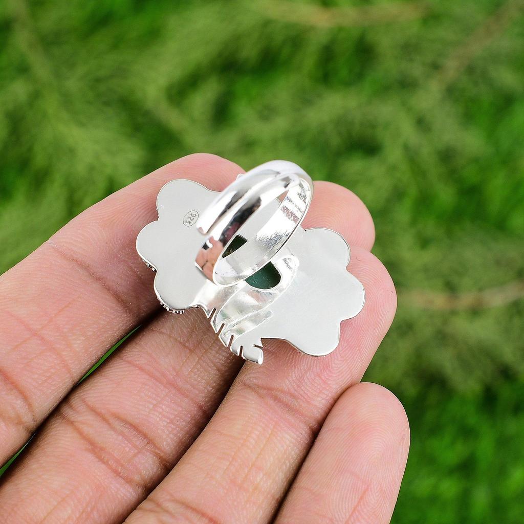 Gift For Her Natural Chrysoprase Solitaire Flower Adjustable Ring 925 Silver