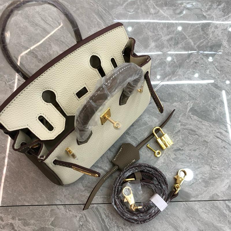 Cross-border Lychee Pattern Color Matching Platinum Bag Cowhide Women's Bag Contrasting Color Handbag Large Capacity Shoulder Crossbody Wedding Bag