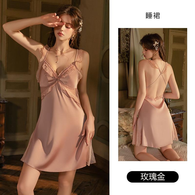 Women's Satin Lace Sheer Padded Cross Backless Cami Sleep Dress with Robe Set