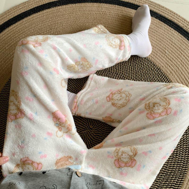 Korean Style Women's Cartoon Flannel Sleep Pants - Wearable Outdoors for Autumn and Winter 2025