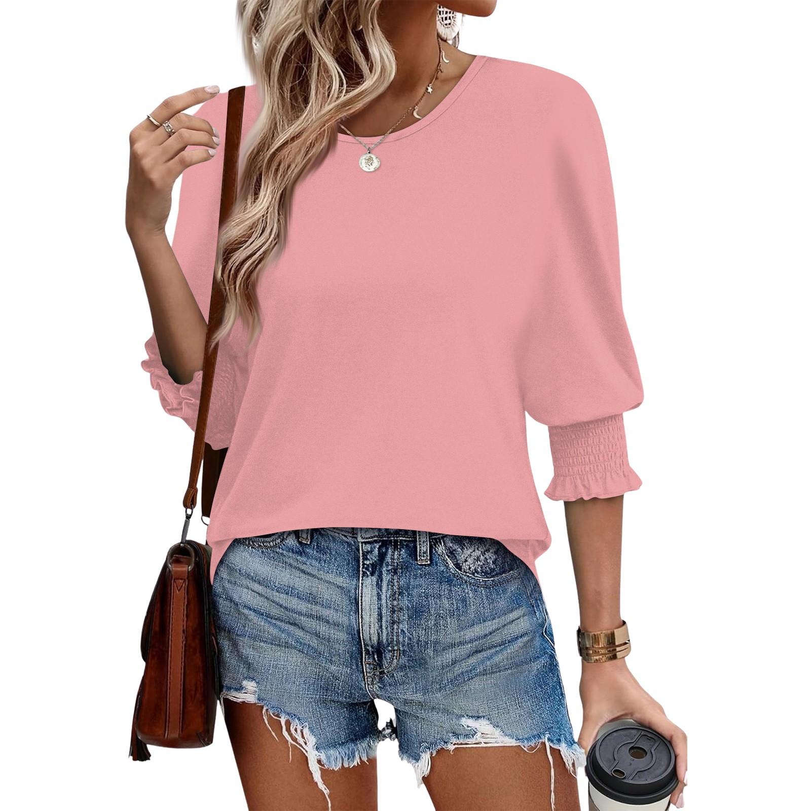 

Женский летний свободный топ большого размера с круглым вырезом, эластичный плиссированный топ со средним рукавом XXL розовый