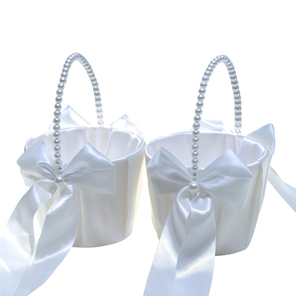 Small Satin Flower Girl Basket for Wedding with Handle, Floral Knot and Foldable Design