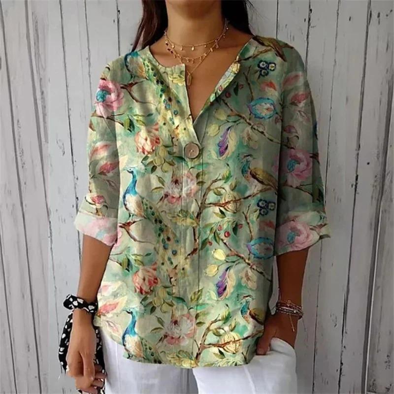 Dame Genser med Knappedekorasjon Elegant Bluse med Blomsterprint Dame Casual Halvsplitt Krage Ni-kvart Ermer Topper 2025