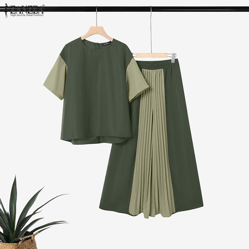 ZANZEA Women Half Sleeve Blouse and Loose Wide Leg Pants Casual Two Piece Suit Sets