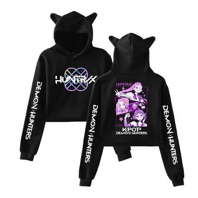 Yeni KPop Şeytan Avcıları Çizgi Film Kazak Kız Çocuk Günlük Kedi Crop Kapüşonlu Kadın Uzun Kollu Sweatshirt Crop Top Kadın Kapüşonlu Seksi Üstler