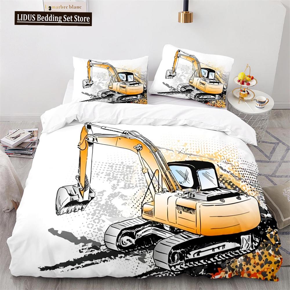 Digger Duvet Cover Set Cartoon Heavy Machinery Truck Crane Mixer Excavator Tractor Pattern For Kid Teen Polyester Bedding Set