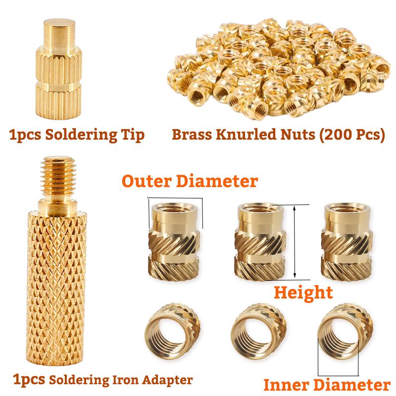 202Pcs Threaded Inserts Set with Soldering Tip & Adapter M2 M3 M4 Knurled Nut Brass Heat Set Inserts for Plastic and 3D Printing