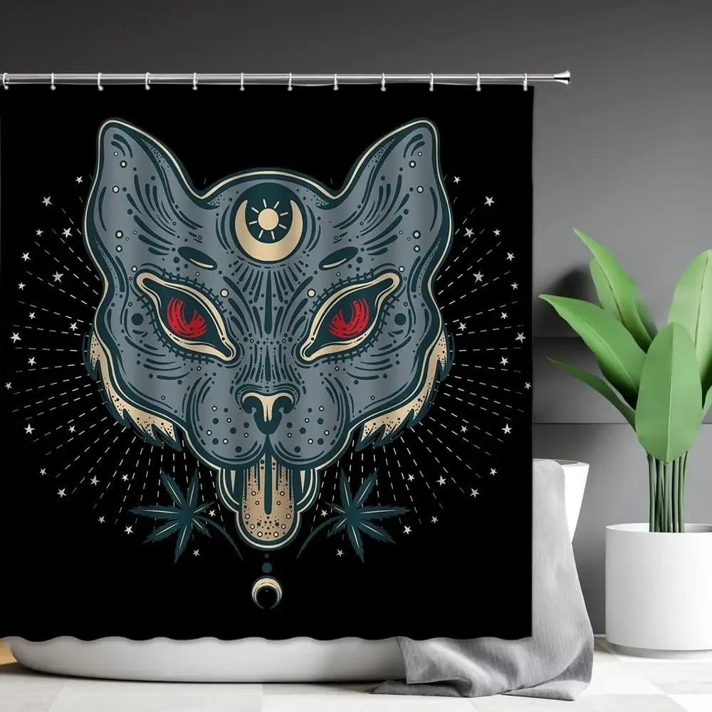 Egyptian Cat Shower Curtain Ancient Black Cat Animal Mystic Wizard Divination Astrolabe Moon Starry Sky Tarot Bathroom Curtain