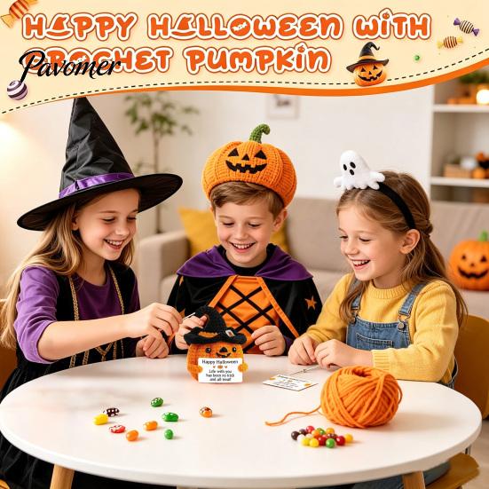 Hand Crocheted Seasonal Gift Handmade Crochet Positive Pumpkin with Witch Hat, Fall Boo Basket Stuffer, Woolen Ornament Mini Knitted Plush Figurine,