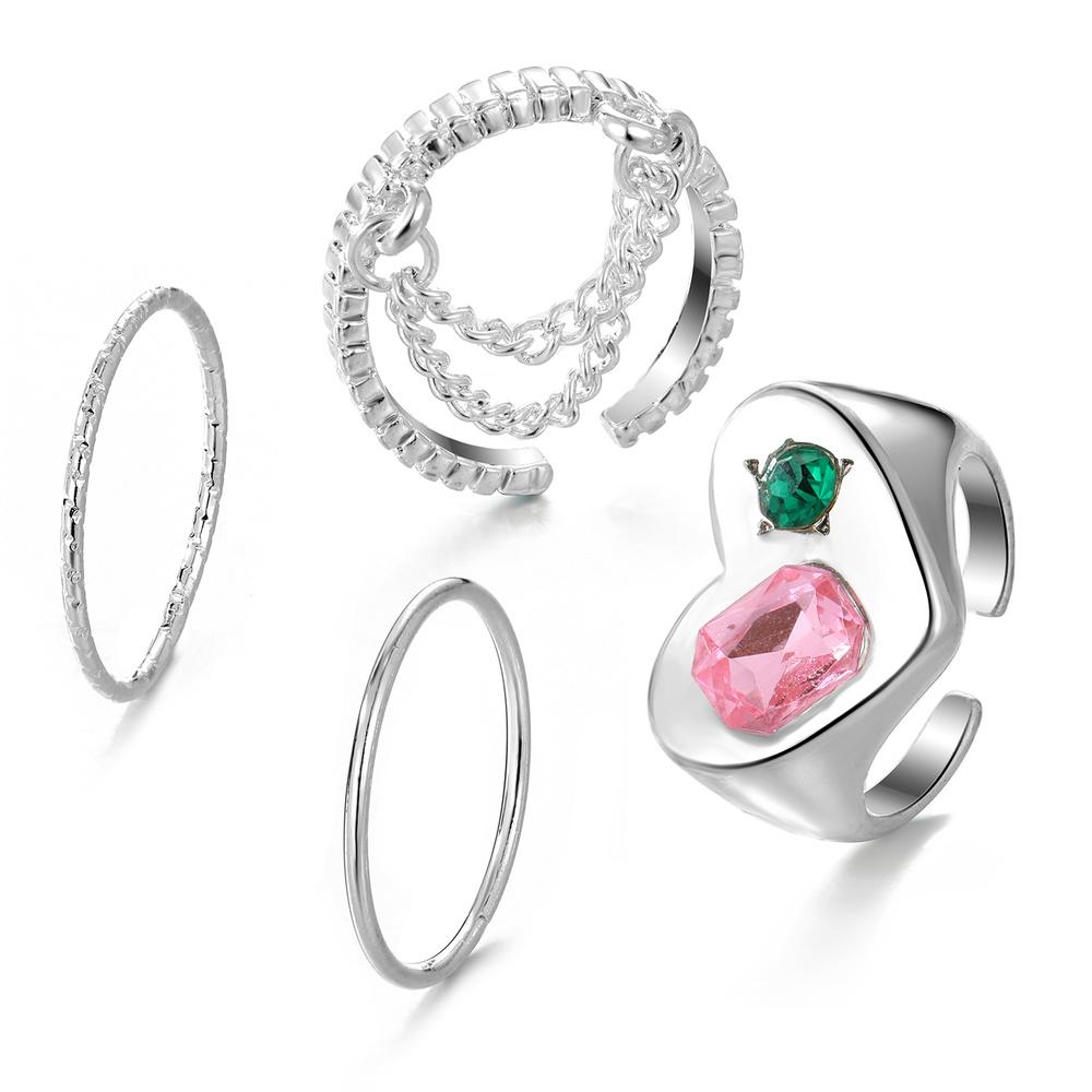 

Женский универсальный элегантный комплект колец из 4 предметов с розовым изумрудом и резьбой по открытию, 4 шт. серебряный