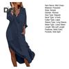 Women Summer Lapel V Neck Shirt Dress Solid Color Pockets Design Side Split Loose Fit Thin Midi Dress Beach Holiday Dress