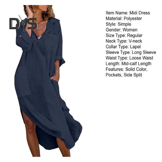 Women Summer Lapel V Neck Shirt Dress Solid Color Pockets Design Side Split Loose Fit Thin Midi Dress Beach Holiday Dress