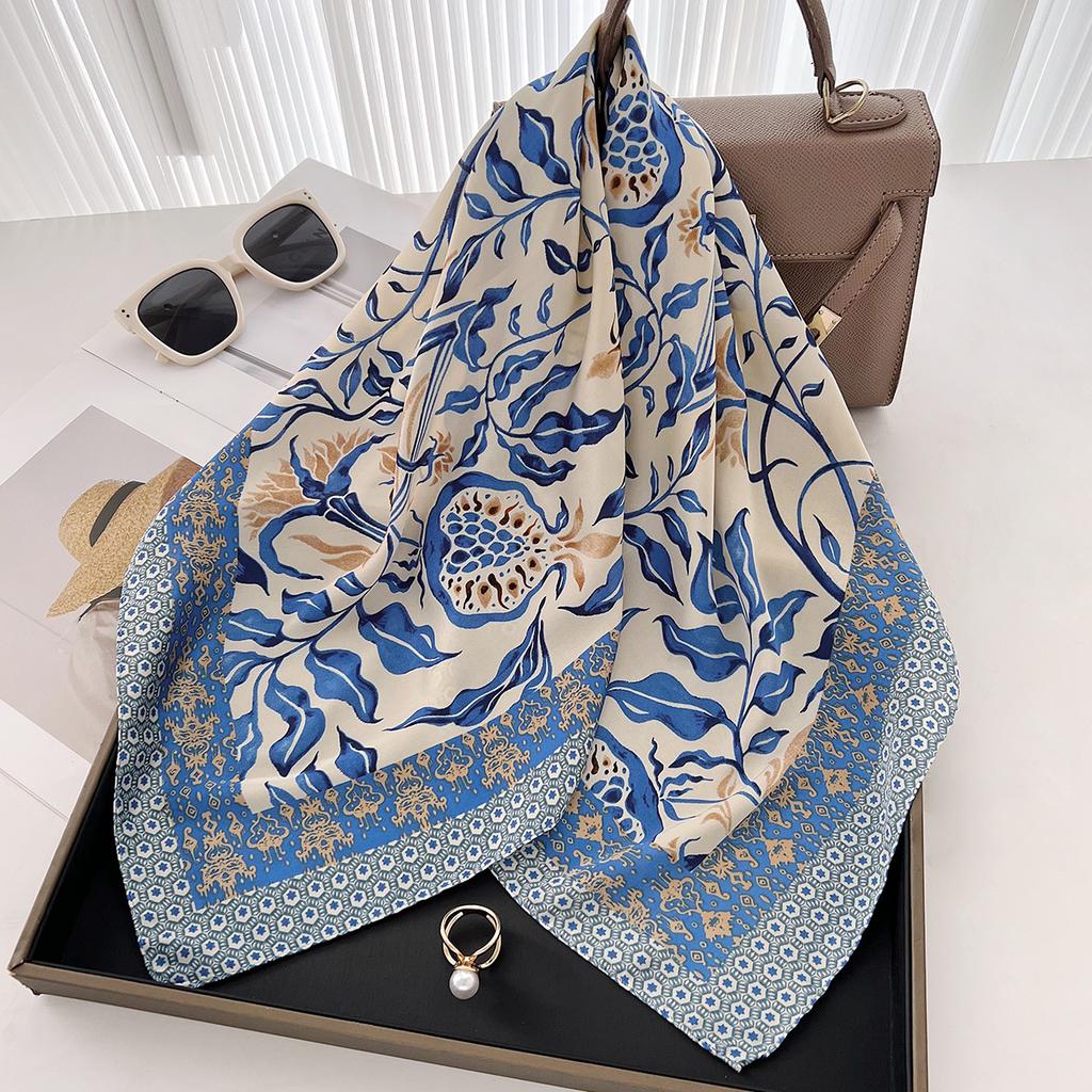Summer Blue Leaf Simulation Silk Scarf, Women'S Neck High Sense, Give Mother Practical Gift Decorative Scarf