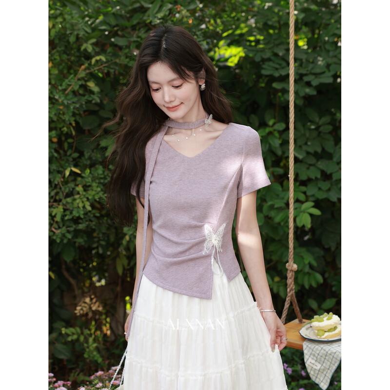 Women s French Design Slim-Fit Short Sleeve V-Neck T-Shirt M