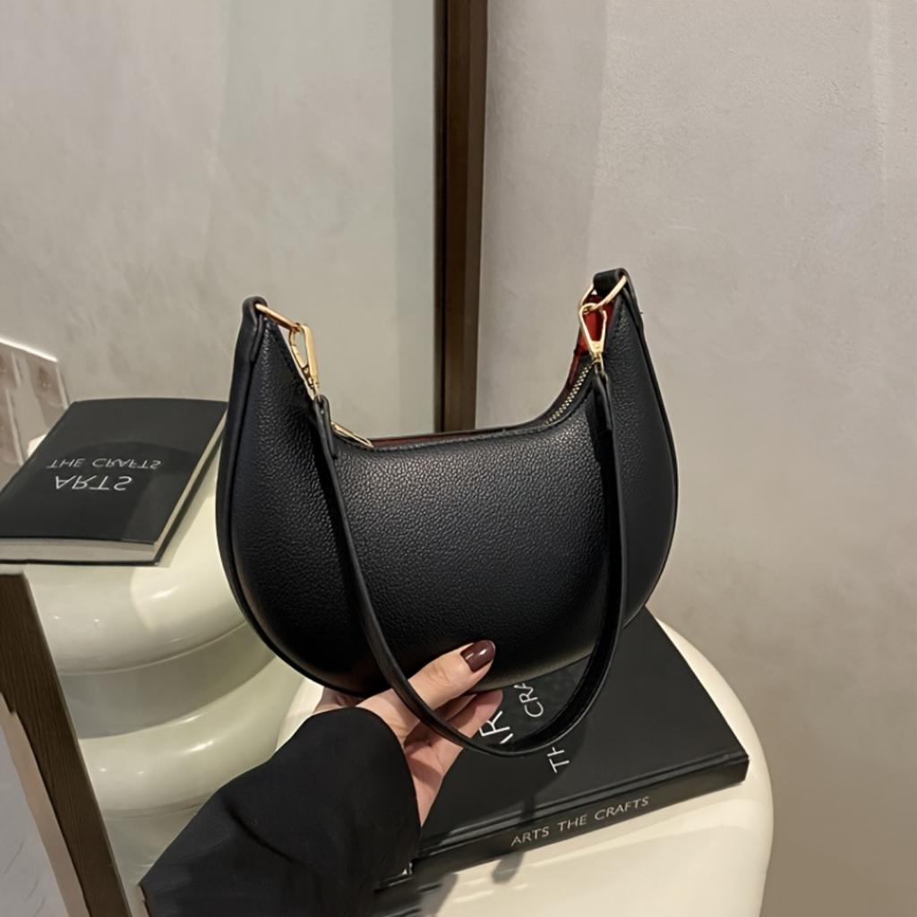 Ladies' Crescent Shaped Crossbody Bag with Detachable Adjustable Shoulder Strap, Magnetic Closure, and Gold Hardware Accessories Shoulder Bag