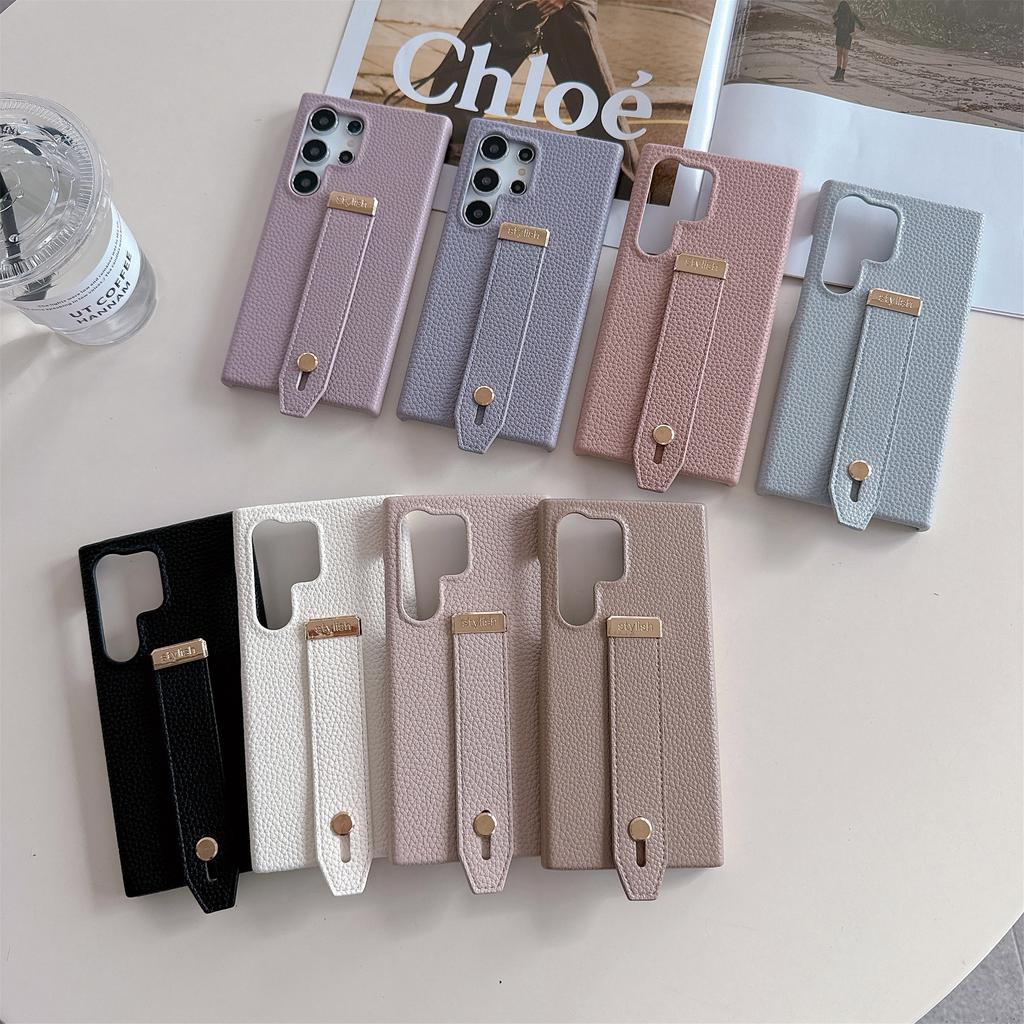 Stylish Wrist Strap Bracket Phone Case for Samsung Galaxy S25 Ultra S24 S23 S22 Plus FE Solid Color High-end PU Leather Cover