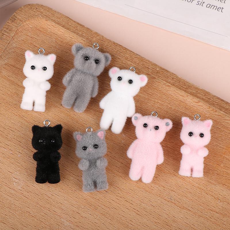 2Pcs Cat Bear Pendant Kawaii 3D Fluffy Flocking Charms Miniature Dolls Keychain Necklace Pendant Diy Crafts Jewelry Make