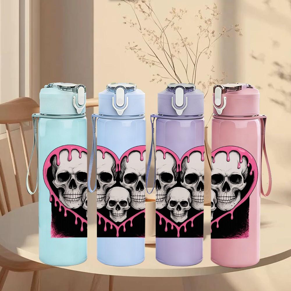 1PC Twin Skull Pink Heart Love Print 750ml Color Plastic Sports Water Bottle Leakproof Flip Straw Lid Suitable for Sports Office Home Use